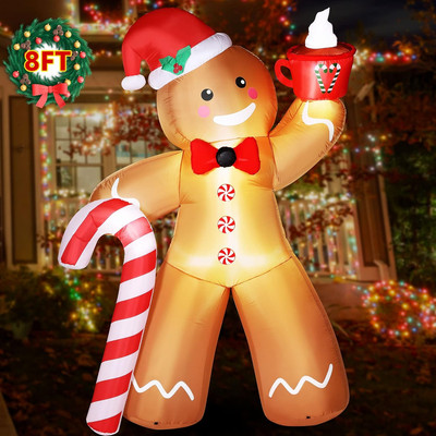 8 Ft Inflatable Christmas Gingerbread Man with Candy Cane, Christmas Inflatables