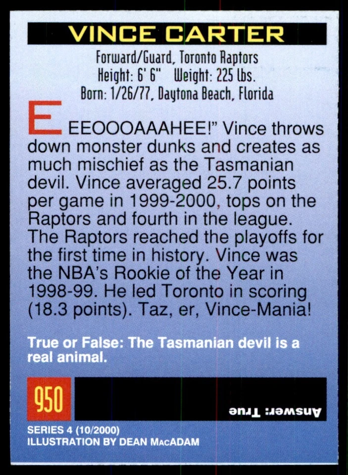 2000 Sports Illustrated For Kids Vince Carter Toronto Raptors #950 - Image 2 of 2