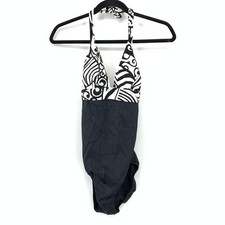 VTG Venus 90s Halter Open Back Swimsuit Bottom Best Fit Sz S Black White Print