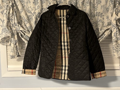 Burberry Children Quilted Girls Black Plaid Lining Full Button Jacket Size 14Y