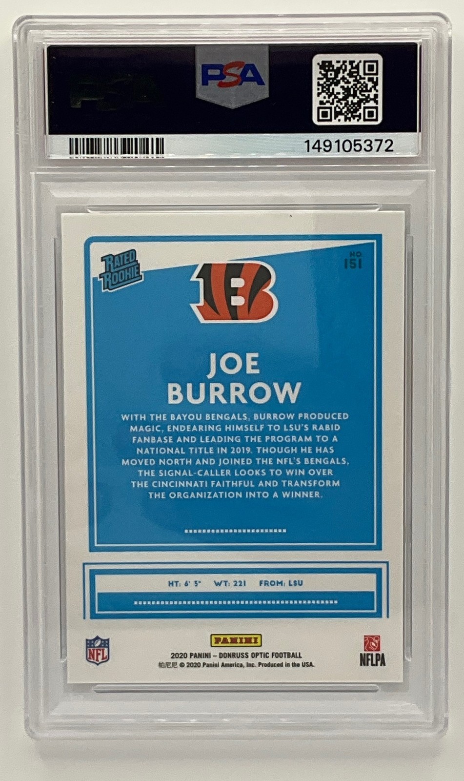 2020 Panini Donruss Optic Joe Burrow #151 RC Cincinnati Bengals PSA 9 view 2