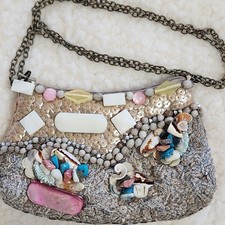 Mary Frances RETIRED Mini Grey Shell  Bead Embellishments Crossbody Bag