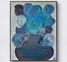 Blue Flowers- Original Acrylic 11x14 Canvas Painting Expressionism AM Mai