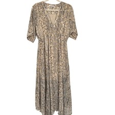 Bohemian Neutral Geometric Print Maxi Dress V‑Neck Elastic Waist Size Large