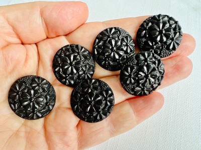 6 große Vintage strukturierte Blumen Schaftknöpfe schwarz erhaben geformte Blumen tbc