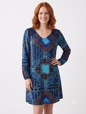 DR2 Dress S Blue Floral Long Slv Mini Navy Crochet Lace Back pleats Retro 60's