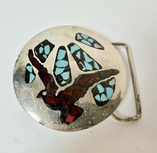 Turquoise Coral Inlaid Silver Tone Belt Buckle Soaring Bird Southwestern Vintage