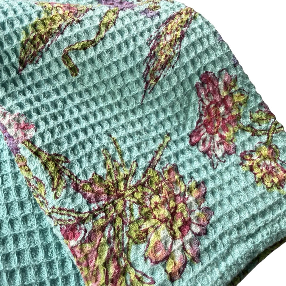 April Cornell Tea Towels Kitchen Set 3 Wildflower Turquoise Floral Waffle Weave - Image 3 of 4