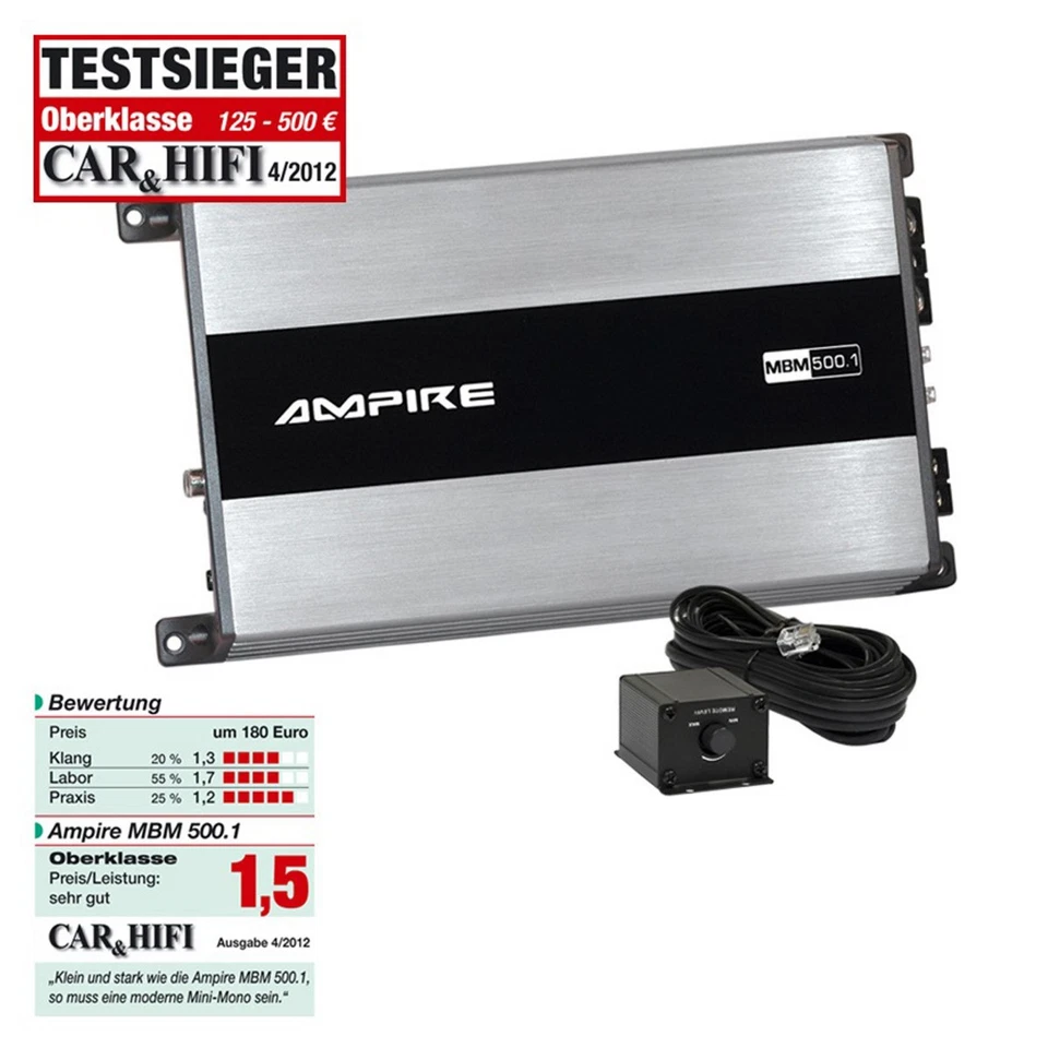 Mono 1-Kanal Digital Endstufe max 1000W CarHifi 251x141x50mm Ampire MBM500.1-3G - Bild 2 von 4