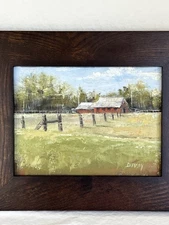 Vintage Framed Painting of Red Barn Farmstead Signed