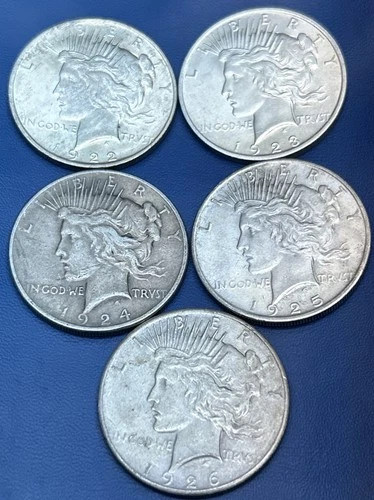 Peace Dollar $1 Coins Lot 1922-23-24-25-26 90% Silver 3.9 Oz Total Silver VF+