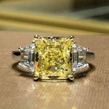 5.20CT Yellow Radiant Cut CZ Citrine Three Stone Women's Wedding 925 Silver Ring