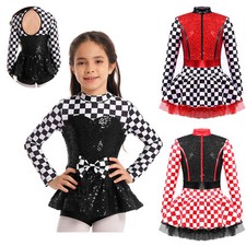 Kids Girls Long Sleeve Sequin Checkerboard Bowknot Racer Costume Bodysuit Dress