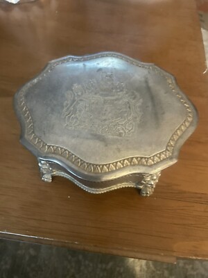 Vintage Silver coat of arms W / Lion Claw Feet Trinket Box Velvet Lining