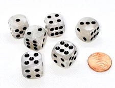 Set of 6 Six Sided 16mm Dice- Pearl White with Black Pips