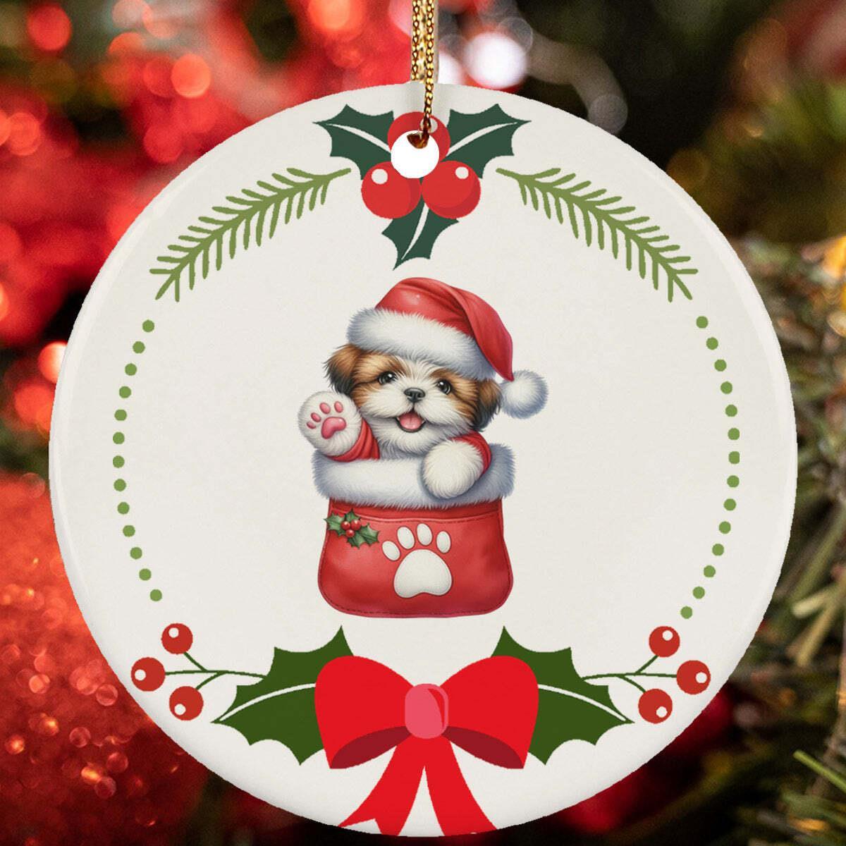 Cute Shih Tzu Puppy Dog Pocket Lover Wreath Christmas Ornament Gift Decor