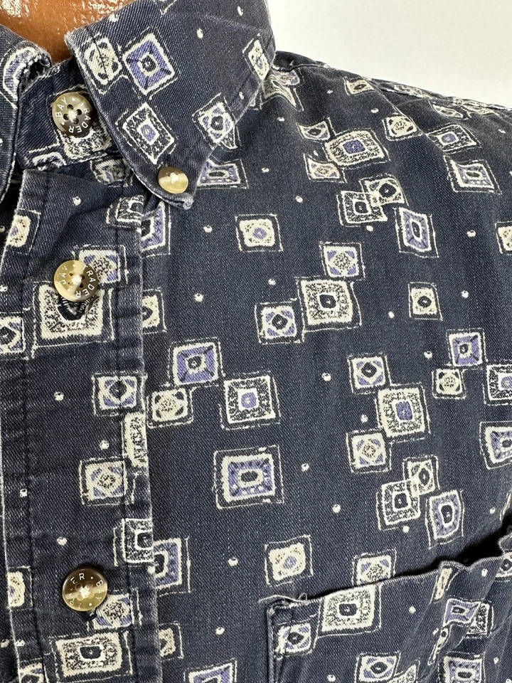 90s Trader Bay Shirt Men XL Navy Geometric Squares Long Sleeve Button Down VTG - Image 4 of 4