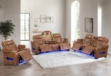 NEW LED Saddle Brown Power Recliner Adj Headrest 3PC Sofa Set Bluetooth Speaker