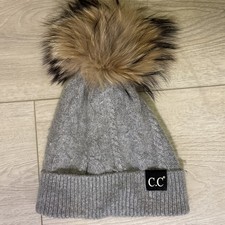 C.C. Cable Knit Beanie with Faux Fur Pom   Gray Warm And Authentic