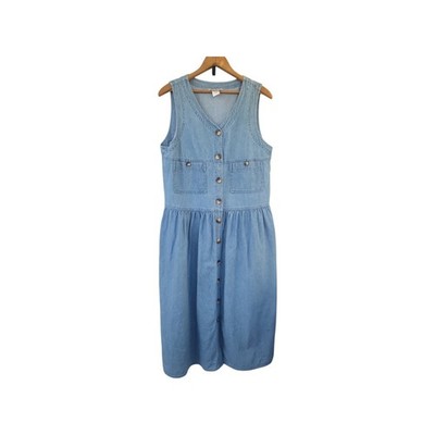 Vintage 80's FADS Button Front Cotton Denim Jumper Midi Dress Sz 10 Petite 