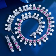 Hot Pink Cubic Zirconia Pearl Dangle Drop Necklace Earring for Women Jewelry Set