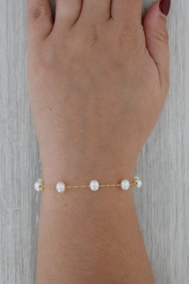 Pulsera Estación Perla Cultivada Oro Amarillo 14k 6.75" Cadena Singapur Foto 4 de 4