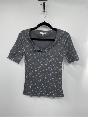 Lucky Brand Henley Top Women Medium Gray Floral Ribbed Short Sleeve Outdoor NWT