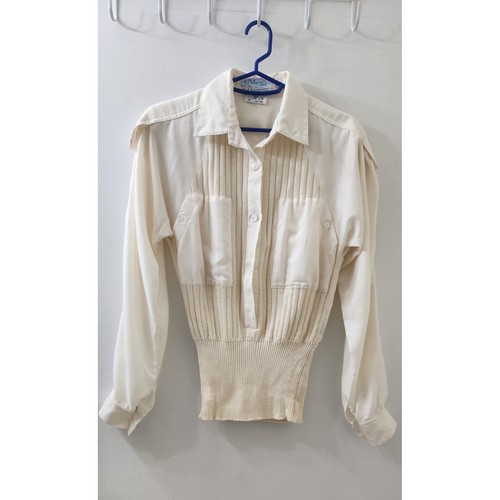 Vintage J. Tiktiner Cream Ribbed Knit Waist Blouse Top Ivory