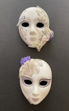 2 Vintage Venetian Masquerade Mardi Gras Ceramic Masks Wall Decor White Purple