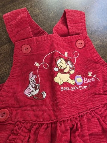 Vintage Disney Baby Winnie the Pooh Christmas Red Corduroy Dress 0-3 Months