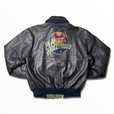 Planet Hollywood Orlando Men’s Black Leather Bomber Jacket Full Zip Logo L