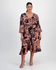 Tahari ASL Plus Size Floral Print Faux-Wrap Midi Dress Size 16W