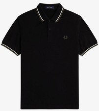 Image of FRED PERRY TWIN TIPPED PIQUE COTTON POLO SHIRT BLACK/ECRU/GREEN S RRP £80 BNWT