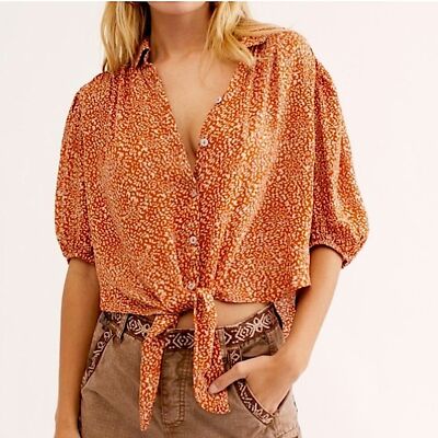 Free People Celia Print Tie Front Button Down Cropped Boho Blouse Sz L |  eBay
