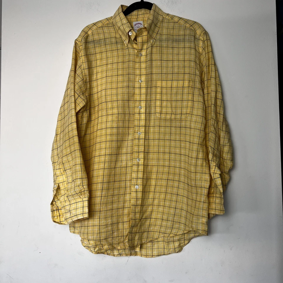 Brooks Brother 346Men Shirts  Small 100% Linen Yellow Stripe Button Long Sleeve  - Image 4 of 4