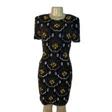 Adrianna Papell Black & Gold Beaded Silk Evening Dress With Keyhole Back