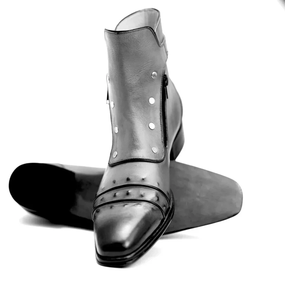 Handmade Ankle Zippers Boots Leather Gray Buckle Formal Dress Boots For Men 7-15