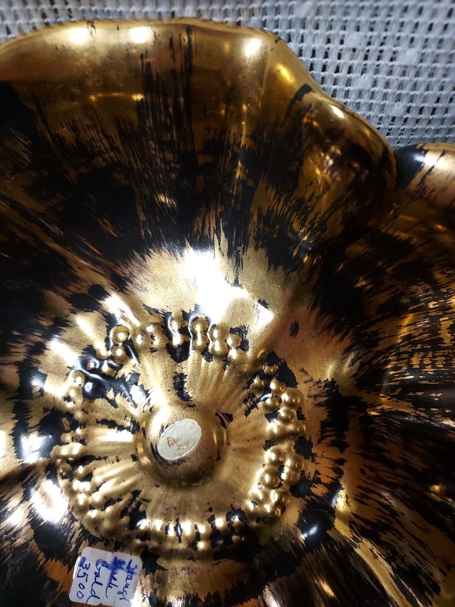 【超特大 美品】台付 高さ111cm 重量12.6kg 金彩花牡丹美人画 薩摩焼 Vintage Stangl Art Pottery Black Gold Flower Bowl Dish 3410