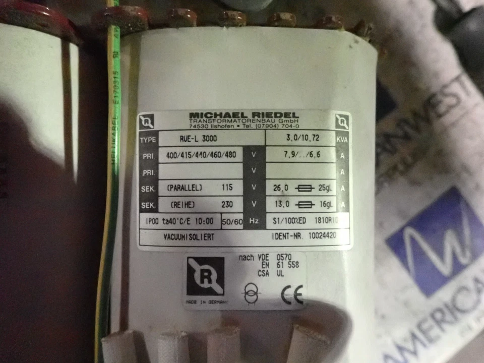 Transformador Michael Riedel RVE-L 3000 3/10,72 KVA 480 a 230v T1817 Foto 2 de 4