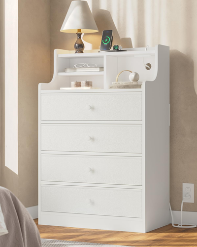 Tall Dresser for Bedroom,4 Drawer Dresser with Charging Station & Hutch,White Wo - Picture 11 of 12