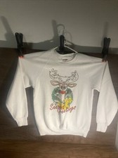 VTG Bassett Walker Sweatshirt Size M White Seasons Greetings / Rudolph