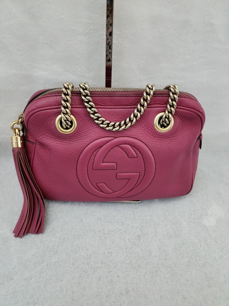 【じゅぴ太】レア色 GUCCI SOHO ワンショルダーバック Gucci soho bag medium red gold chain shoulder leather tote double