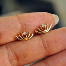 0.10ct Real Round Moissanite 14K Yellow Gold Plated Silver Flower Stud Earrings