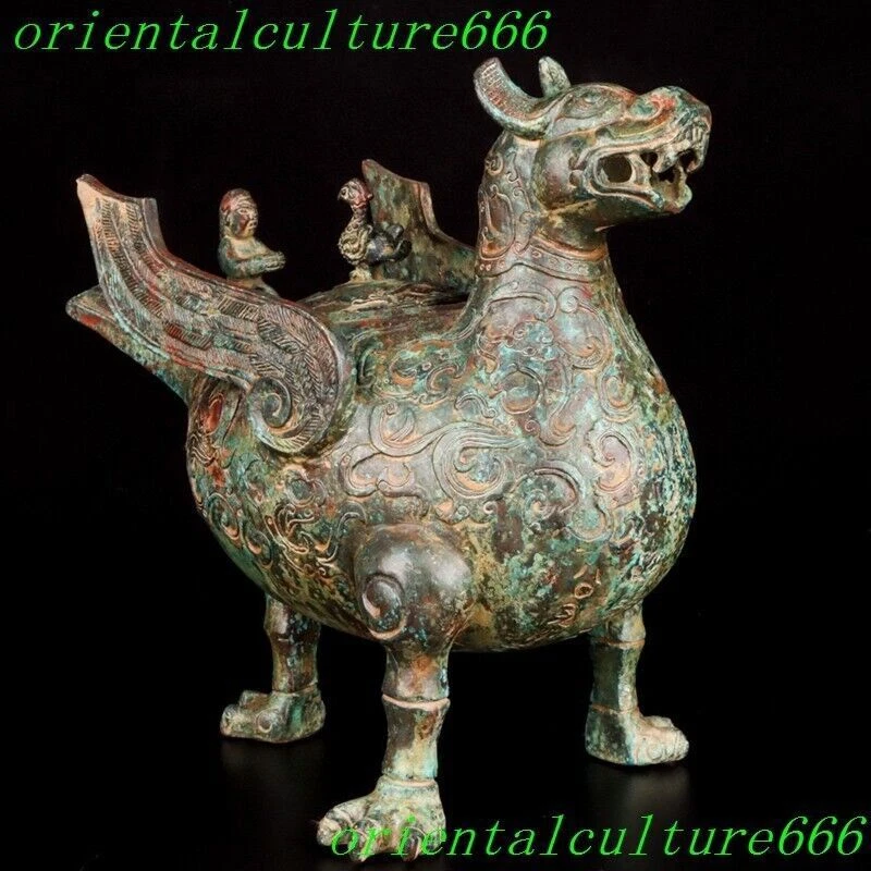 Contenedor de bestia ala de bronce antiguo de 10,4" de China recipiente de vino olla Zun Foto 2 de 4
