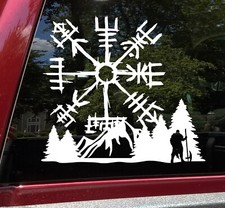 Viking Compass Scene Mountains Vinyl Decal V1 Warrior in Trees Vegvisir Valhalla