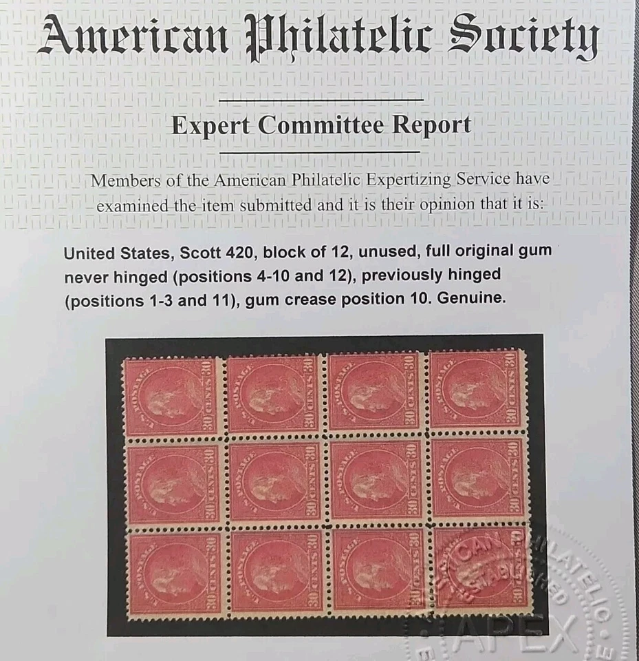 US Stamp Scott #420 Franklin 30c - Block of 12 - 4x MH + 8x MNH OG APEX Cert. - Image 2 of 4