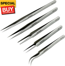 Precision Tweezers, 5 PCS Stainless Steel, Non-Magnetic, Heat Resistant, Curved,