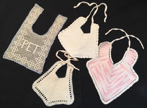 Lot of 4 Antique 1940’s Crocheted Baby Bibs Doll Bibs One Say PET No String