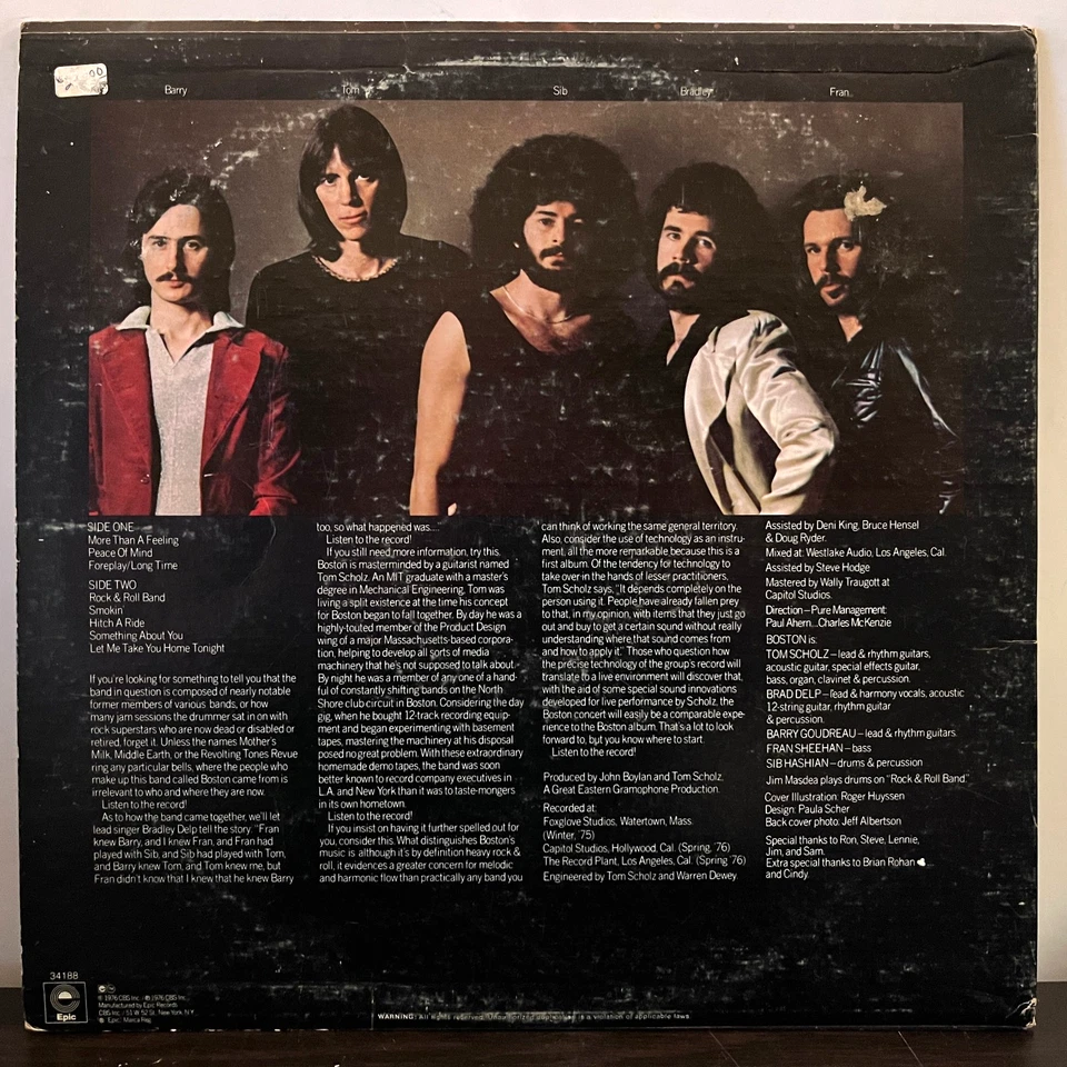 BOSTON - Self Titled Debut Album (1976 Orange Label) - 12" Vinyl Record LP - VG+ - Image 2 of 3
