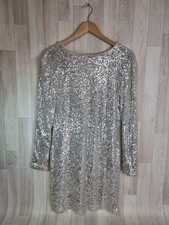 Mango Silver Sequin Long Sleeve Mini Party Dress Size Medium V-back - New